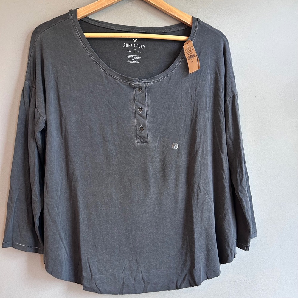 American Eagle Soft & Sexy Henley Top Gray Long Sleeve L 4430-043